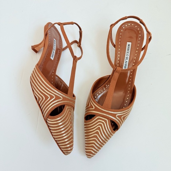 Manolo Blahnik Brown Turgimod 50mm Canvas Gold Leather trim slingback pumps 39.5 - Picture 1 of 10